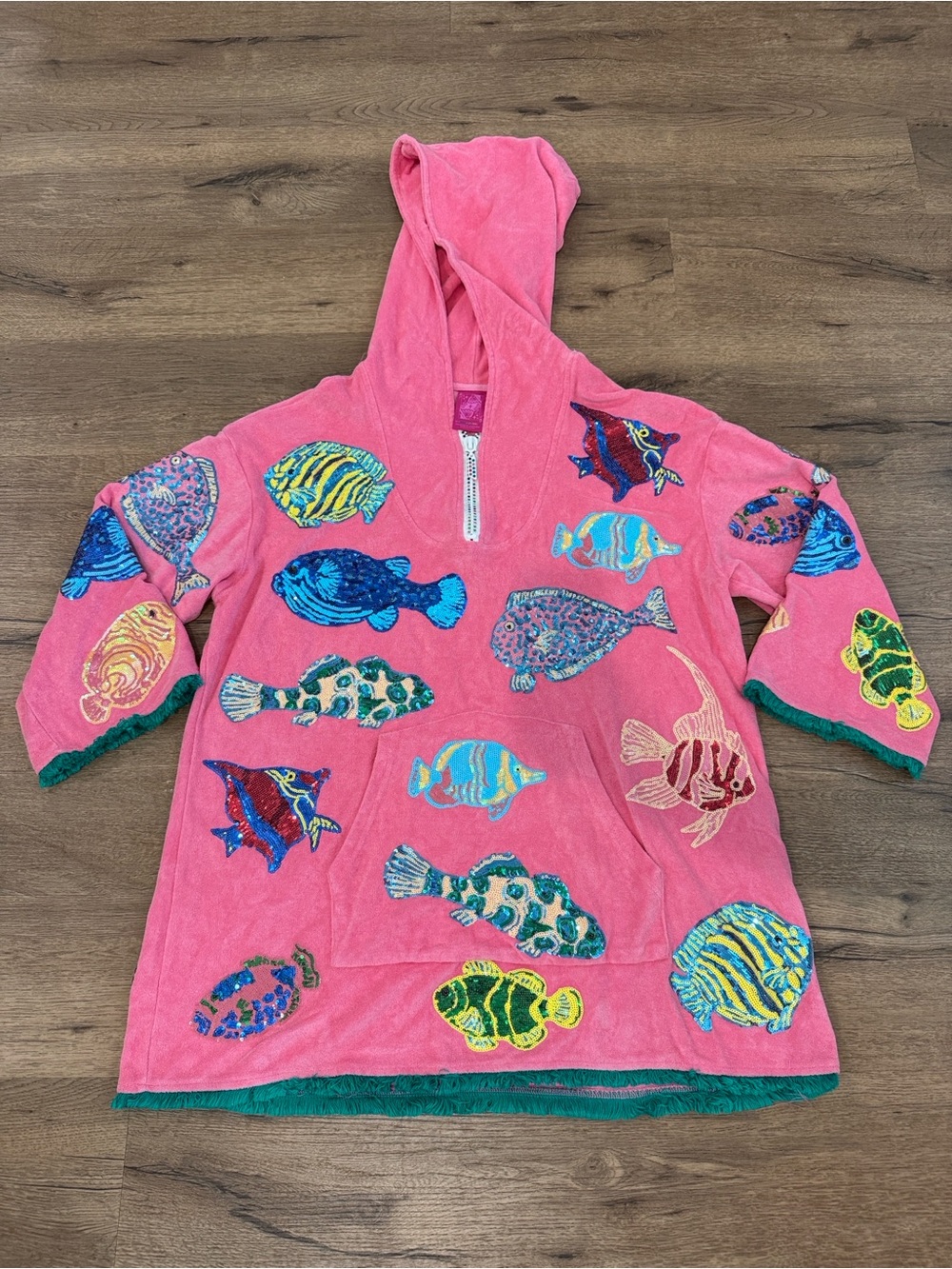QUEEN OF SPARKLES Pink Hooded Fish Appliqué Swim Coverup